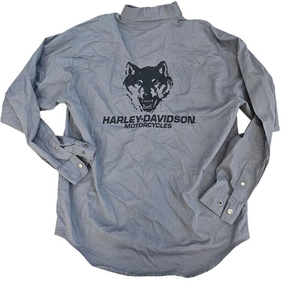 Vintage Harley Davidson Gray Snap Front Wolf Embroidered Long Sleeve Medium - Picture 1 of 8